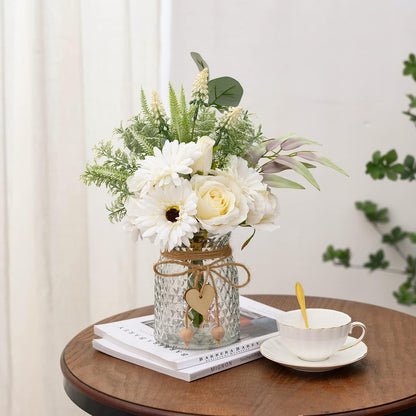 Artificial White Flowers with Vase, Fake Flowers Arrangement for Home Decor, Faux Flowers for Farmhouse Coffee Table Decor, House Kitchen Centerpiece Table Decorations