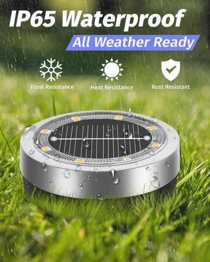 Mini Solar Ground Lights Outdoor 16 Pack Waterproof Upgraded Anti-Rust Solar Flat Garden Lights Stainless Steel Solor Powered Disc Landscape Light for Pathway Walkway Yard Lawn Patio-Warm White