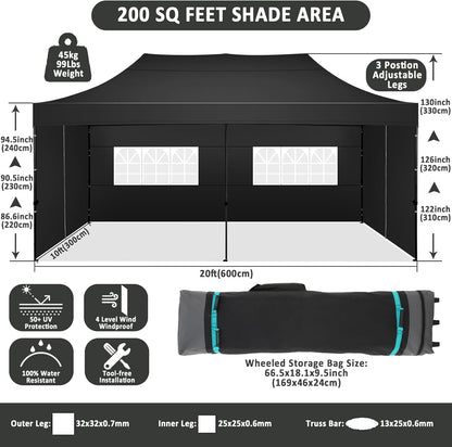COBIZI 10x20 Pop Up Canopy with 6 Sidewall,Heavy Duty Canopy UPF 50+ All Season Wind Waterproof Commercial Outdoor Wedding Party Tents for Parties Gazebo with Roller Bag(10 x 20 ft Black)