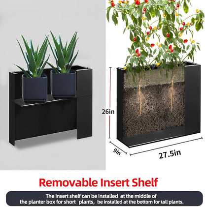 Metal Tall Long Planter Box Large Rectangular Planter Flower Pot with Drainage Holes for Indoor Outdoor Deck Porch Garden Home Patio Front Door (Black, S)