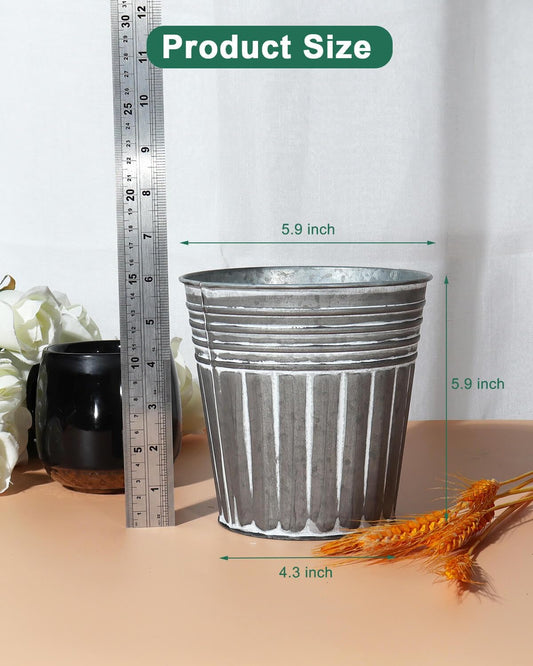 6 Inch Silver Metal Rustic Flower Pots - 6Pcs Galvanized Planters with Drainage Hole and Rubber Plug, Rustproof Metal Bucket Plant Pots Farmhouse Vintage Style for Decor