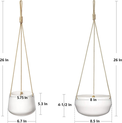 Mkono Ceramic Hanging Planter of Shallow 8 Inch and Deep 6 Inch for Indoor Outdoor Plants, Set of 2 Modern Plant Pot Geometric Porcelain Hanging Basket with Polyester Rope Hanger