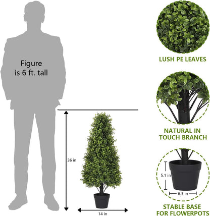 3ft Artificial Boxwood Topiary Trees (Set of 2) - UV Resistant Faux Plants Outdoor, Realistic 36" Fake Cone Bushes and Shrubs for Front Porch, Planter, Patio - Low Maintenance & Evergreen
