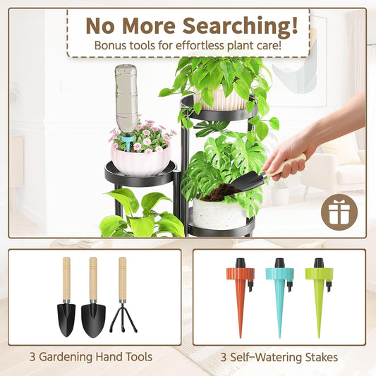 LASZOLA 5 Tiered Folding Tall Plant Stand Indoor for Multiple Large Planter, Heavy Duty Metal Adjustable Flower Rack for Narrow Corner, Sturdy Vertical Spiral Shelving Holder for Modern House, Black