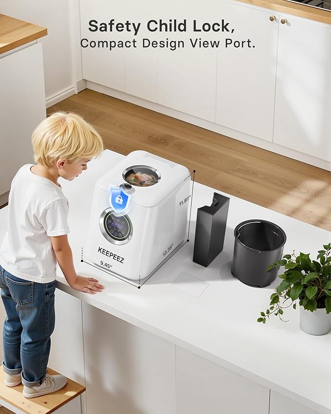 Eectric Kitchen Composter, 3L Smart Mill Food Recycler with Large Touch Screen, Compost Bin Indoor with 4 Sharktooth Blades, 0.5kWh Per Cycle Energy-efficient, Odorless, Low Noise, Auto-Cleaning