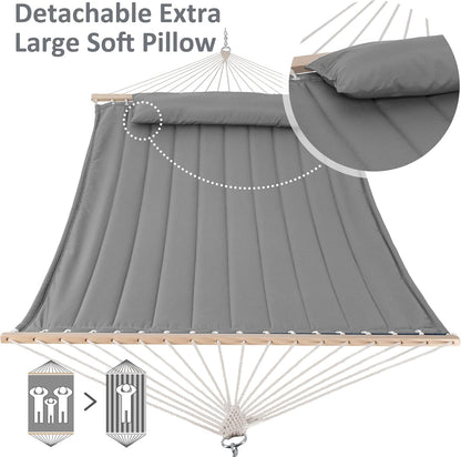 SUNCREAT Portable Double Hammock with Hardwood Spreader Bar, Extra Large Outdoor Hammock with Soft Pillow, 475 lbs Capacity, Light Gray