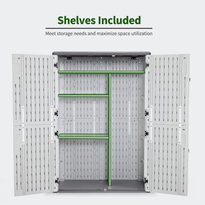 Macrout 50 Cu.Ft Plastic Outdoor Storage Cabinet with Shelves, 4.3 x 2.5 ft Waterproof Resin Outdoor Storage Shed with Floor, Lockable Vertical Shed for Garden and Patio