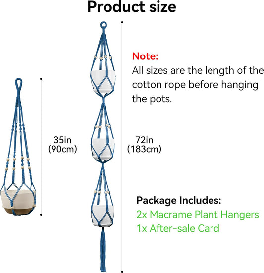 USLAI Macrame Plant Hanger Indoor Outdoor, Up to 4-15 inch Pot, Heavy 20lb Planters, Extra Long Strong Hanging Planter Basket Holder, Boho Home Decor, 35+72 Inch, Blue (POTS NOT Included)