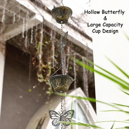 8.5FT Rain Chains for Gutters Downspouts, Butterfly and Cup Rain Gutter Chain, Functional and Decorative Replacement Rainchains for Downspout, Metal Rain Catcher Chimes for Outside, Vintage Copper
