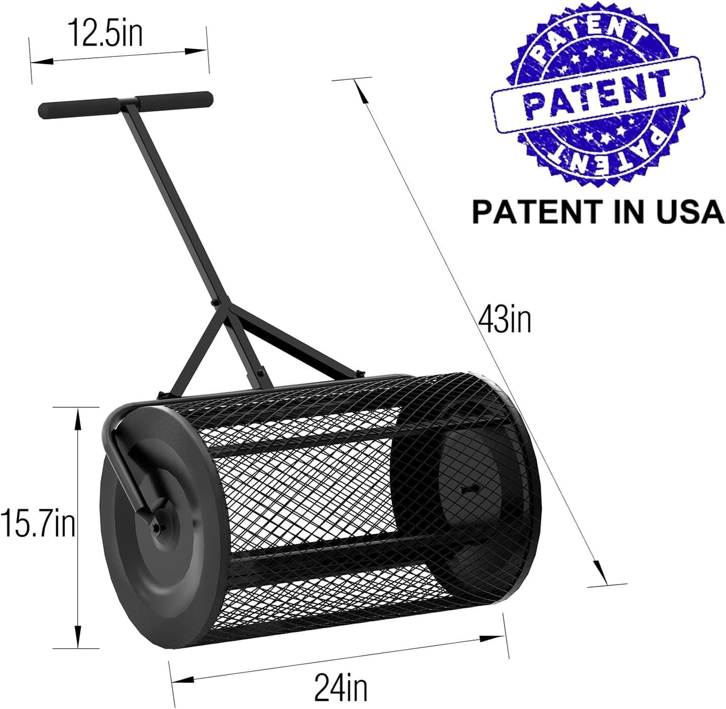Walensee 24 Inch Compost Spreader Peat Moss Spreader with Upgrade T Shaped Handle for Planting Seeding Durable Lightweight Metal Mesh Spreader for Lawn and Garden Care Manure Spreaders Roller Patented