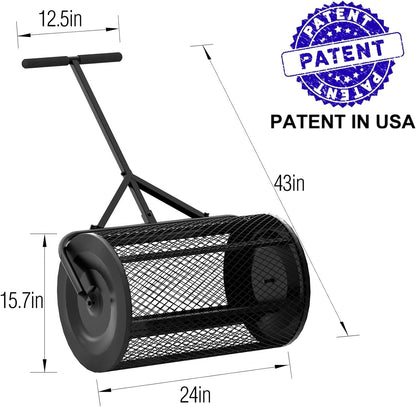 Walensee 24 Inch Compost Spreader Peat Moss Spreader with Upgrade T Shaped Handle for Planting Seeding Durable Lightweight Metal Mesh Spreader for Lawn and Garden Care Manure Spreaders Roller Patented