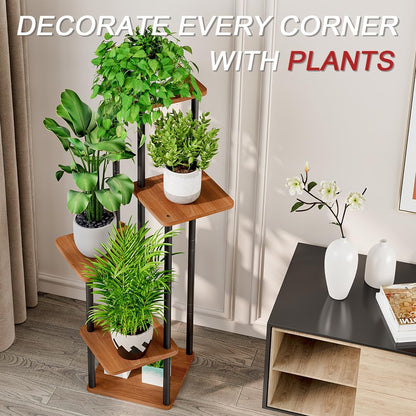 AZERPIAN Plant Stand 5 Tier Indoor Metal Flower Shelf for Multiple Plants Corner Tall Flower Holders for Patio Garden Living Room Balcony Bedroom, Walnut (5 Tier-Walnut)