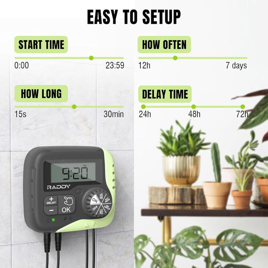 Raddy WS-1 Drip Irrigation Kit, 5W Solar Powered Automatic Watering System, Easy DIY Water Timer for Plants on The Balcony, Gardens, and Green House, Supported 15 Pots
