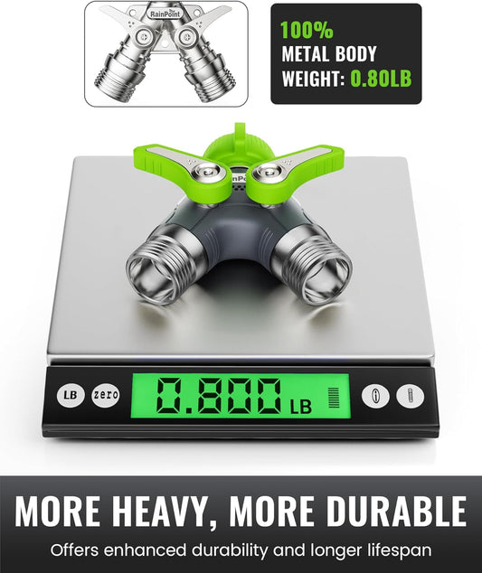 RAINPOINT Garden Hose Splitter, 2 Way Heavy Duty Water Hose Y Spigot Splitter with Shutoff Valves, 100% Metal Body Outdoor Faucet Splitter, 1.9" Extra Long Metal Handle, 3/4" GHT Thread (2, Green)
