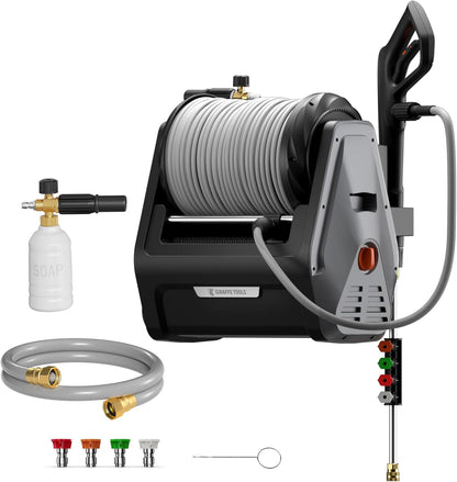 Giraffe Tools Grandfalls Wall Mount Pressure Washer Plus+, Max 2900PSI 2.2 GPM, Electric Power Washer with 100ft Pressure Hose for Car/Patios, Automatic Rewind, Dark Silver