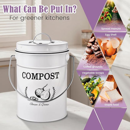 AOSION Countertop Compost Bin Kitchen,Odorless Indoor Compost Bin with Lid and Compost Bags,Compost Bucket Composter Container for Food Waste,White