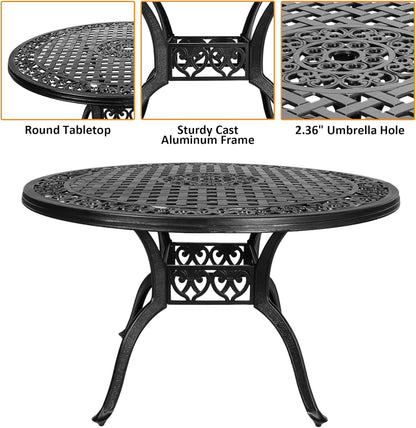 7 Pieces Cast Aluminium Patio Dining Set for 6 Person,Round 48" Patio Table and 6 Chair with 2.3" Umbrella Hole,Outdoor Patio Dining Set for Porch Backyard Deck, Black