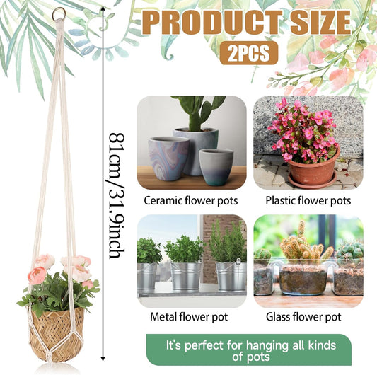 Macrame Plant Hanger, 2 Pack Boho Hanging Planters Baskets for Indoor Plants Decorative Braided Cotton Rope Flower Pot Holder with Metal Hook Rings for Outdoor Home Decor, No Tassels, Ivory, 34 Inchs