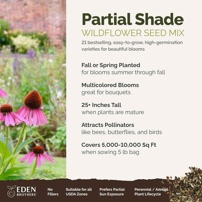 Eden Brothers Partial Shade Wildflower Mixed Seeds for Planting, 5 lb, 2,400,000+ Seeds with Sweet William, Foxglove | Attracts Pollinators, Plant in Spring or Fall, Zones 3, 4, 5, 6, 7, 8, 9, 10