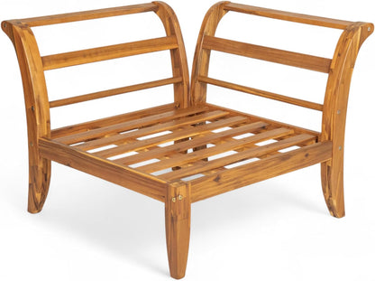 6 Piece Acacia Wood Patio Sofa Set, Outdoor Modular Sectional Garden Furniture Set with Tea Table, Ottoman, 5 Cushions and Pillows, L-Shaped Conversation Daybed for Patios, Poolsides, Gardens
