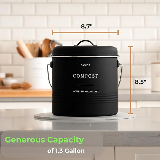 D'Lifeful Kitchen Compost Bin – 1.3 Gallon Countertop Farmhouse Compost Container with Lid – Odorless Indoor Food Scrap Pail with 6 Charcoal Filters – Eco-Conscious and Easy to Clean (Black)