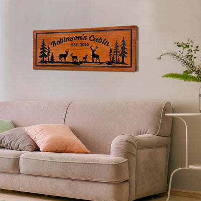Personalized Carved Cabin Sign Custom Wooden Outdoor Sign Deer Pine Trees Rustic Mountain House Sign Lake House Sign Cottage Sign Camping Sign
