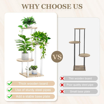 4 Tier White Metal Wooden Tall Plant Stand Indoor Shelf Flower Pot Holder for Multiple Plants, Corner Display Rack for Living Room Balcony Patio Garden