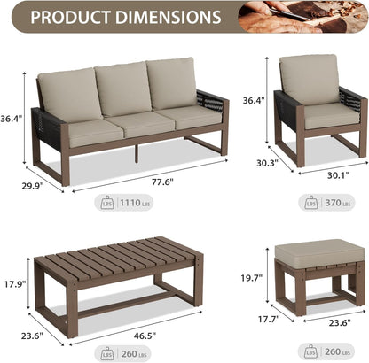 EAGLE PEAK Natural Wood Outdoor Patio Furniture, Cedar Furniture, Conversation Set, Outdoor Seating for Deck Patio Porch, Sofa 2 Chairs 2 Ottomans & Coffee Table, 6 Pieces, Brown/Beige
