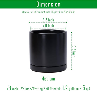 D'vine Dev 8.2 Inch Ceramic Planter Pot with Drainage Hole and Saucer, Indoor Cylinder Round Planter Pot, Black, 94-O-D-2