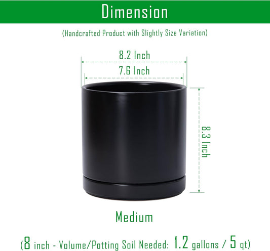 D'vine Dev 8.2 Inch Ceramic Planter Pot with Drainage Hole and Saucer, Indoor Cylinder Round Planter Pot, Black, 94-O-D-2