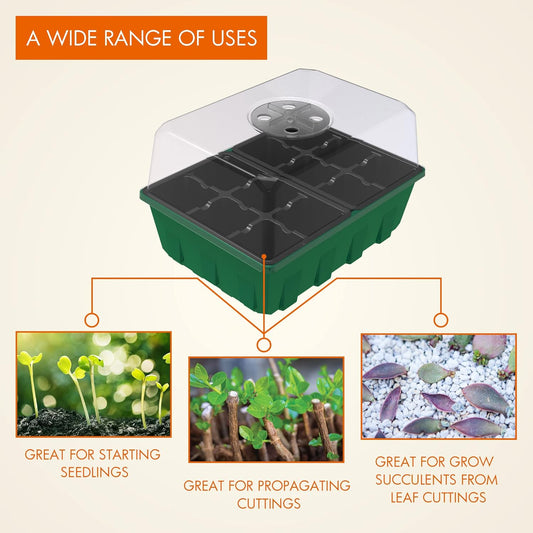 Gardzen 10-Set Garden Propagator Set, Black Seed Tray Kits with 120-Cell, Seed Starter Trays with Dome and Green Base 6.6" x 4.5" (12-Cell Per Tray)