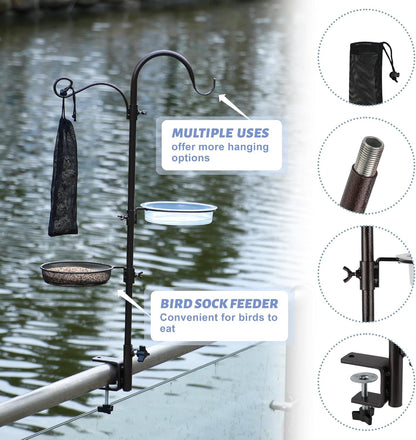 Deck Bird Feeding Station | Premium Multi Feeder Hanging Kit with Bird Bath & Sock Feeder | Attracts Wild Birds, Planter Hanger Hook for Outdoor Deck, Patio, Garden