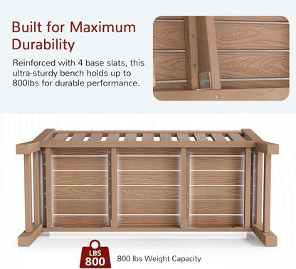 Outdoor Bench, 2-Person Poly Lumber Garden Bench, All-Weather Outside Bench with 800 lbs Weight Capacity, Never Rot or Fade, Looks Like Real Wood, Teak