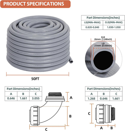 Liquid-Tight Conduit 3/4 50ft, Electrical Conduit w/UL Certification, Flexible Conduit with 5 Straight and 5 90-Degree Conduit Connector Fittings