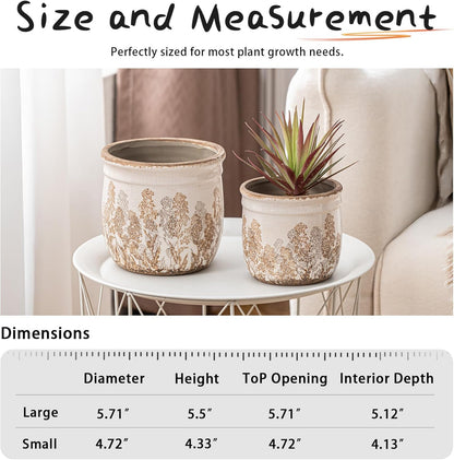 Set of 2 Ceramic Planters for Indoor Plants, 4.7+5.7 Inch Vintage Flower Pots without Drainage Hole, Rustic Brown Planter Set, Decorative Plant Pots for Indoor Plants, Home Decor, Living Room, Office