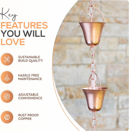 Copper Rain Chain – Decorative Chimes & Cups Replace Gutter Downspout & Divert Water Away from Home for Stunning Fountain Display – 6.5’ Long for Universal Fit – Bell Style