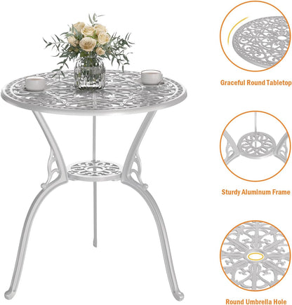 Patio Bistro Set of 2, Cast Aluminum, Outdoor Set w/Umbrella Hole, 3 Piece Table and Chairs Set, Bistro Set for Backyard/Garden/Lawn, White