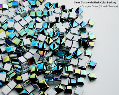 Iridescent Square Mosaic Tiles for Crafts, 300G Small Crystal Mosaic Glass Pieces Bulk for Mosaic Beginner, 0.41”x0.41” Tile for Art Glass Project, Ideal for Handmade Mosaic Home Decor, Black