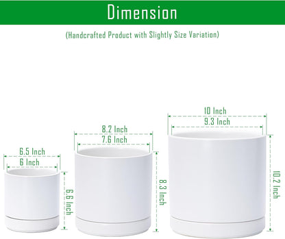 D'vine Dev 6 Inch & 8 Inch & 10 Inch, Set of 3 Round Ceramic Planter Pot with Drainage Hole and Saucer, White, 94-T-L-1