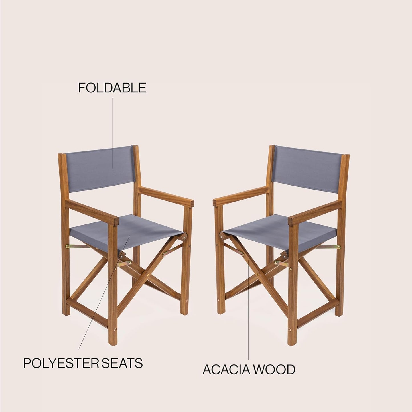 JONATHAN Y DRC1000A-SET2 Cukor Classic Vintage Outdoor Acacia Wood Folding Director Chair with Canvas Seat Mid-Century, Modern, Traditional, Bohemian, Coastal, Minimalist, Gray/Teak Brown (Set of 2)