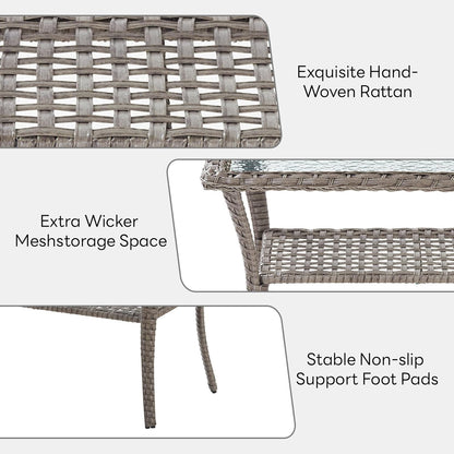 38 Inch Outdoor Coffee Table with 2 Tier Storage - Wicker Coffee Table with Water Ripple Texture Tempered Glass Top, All Weather Patio Coffee Table for Deck Porch Balcony Garden Gray