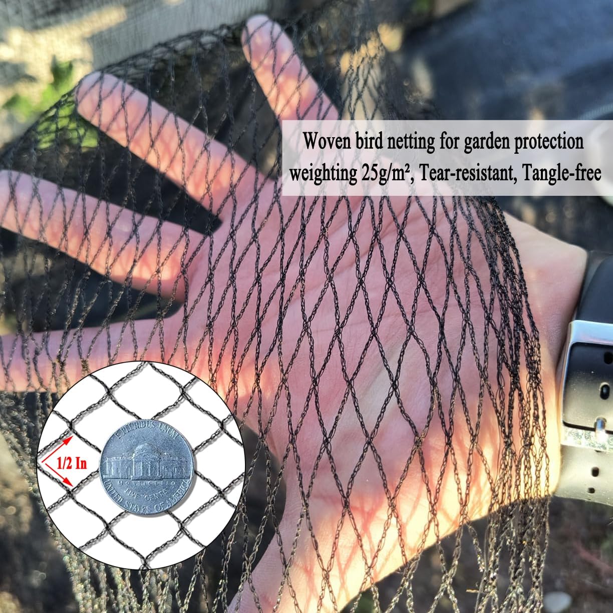 Junflying Bird Netting, 30x30 FT – 1/2" Mesh, Woven Black Netting for Garden Protection with Ties, Protects Vegetables, Fruit Trees, Blueberry Bushes & Strawberry Plants