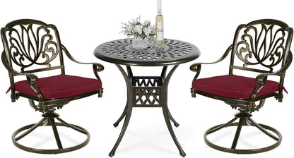 VIVIJASON 3-Piece Patio Furniture Dining Set, Outdoor All-Weather Cast Aluminum Bistro Set, Include 2 Swivel Chairs and 31" Round Table w/Umbrella Hole for Balcony, Lawn, Garden (Red Cushion)