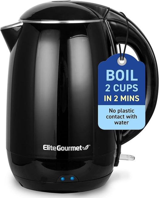 Elite Gourmet EKT1821 1.8L Double Wall Insulated, Cool-Touch 1500W Kettle w/Stainless Steel Interior & Lid, 360° Swivel Base for Cord Free Serving, Power On Lever, Auto Shut-Off, Boil Dry, Black