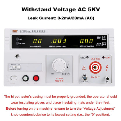 RK2670AM Withstand Hi Pot Tester, 110V 5KV AC Voltage Tester, Power Equipment Electrical Insulation Resistance Testing Tool with Digital Display