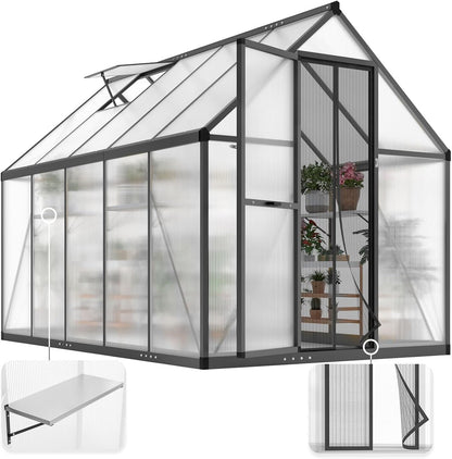 KING BIRD Greenhouse for Outdoors, 9.2x6 FT Polycarbonate Walk-in Green House, Quick-Setup Aluminum Frame UV Resistant Panel for Outside Garden Backyard W/ Lockable Screen Door, Vent, 2 Shelves, Black