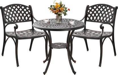 Bistro Set 3 Piece Outdoor Cast Aluminum Patio Bistro Set Patio Set Metal Bistro Table and Chairs Set of 2 with Umbrella Hole for Deck, Gardens, Bronze (Woven Backrest)
