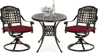 VIVIJASON 3-Piece Patio Bistro Set, Outdoor All-Weather Cast Aluminum Furniture Dining Set, Include 2 Swivel Chairs and 31" Round Table w/Umbrella Hole for Balcony, Lawn, Garden (Red Cushion)