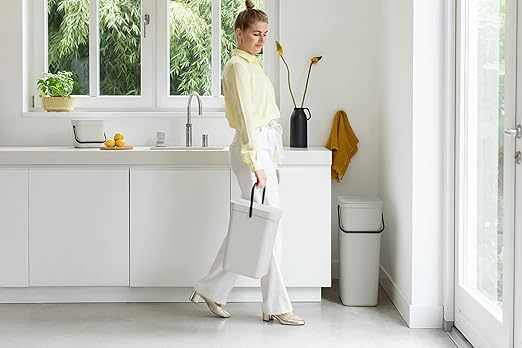 Brabantia Sort & Go Kitchen Countertop Food Scraps Compost Bin | XS / 0.8 Gal / 3L | Light Gray | Removable Stay-Open Lid, Carry Handle, Easy-Clean Recycling Box | Wall Bracket Sold Separately