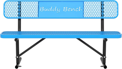 6 Feet Steel Park Bench for Outside, Outdoor Bench with Backrest & Portable Frame, Commercial Benches for Parks, School, Patio, Deck, Store,Blue